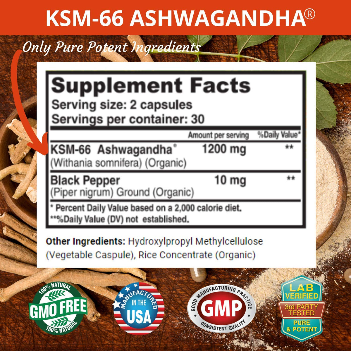 Ashwagandha Capsules 1200mg Root Extract with Black Pepper 60 Vegan Capsules Q706