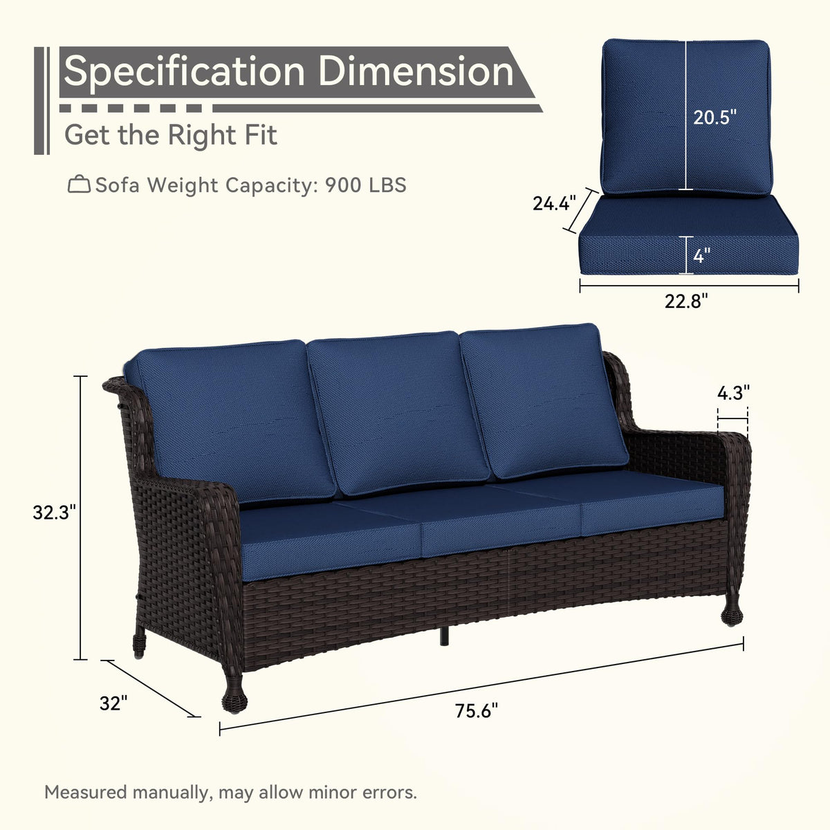 3-Seater Wicker Sofa with Removable Cushions E495