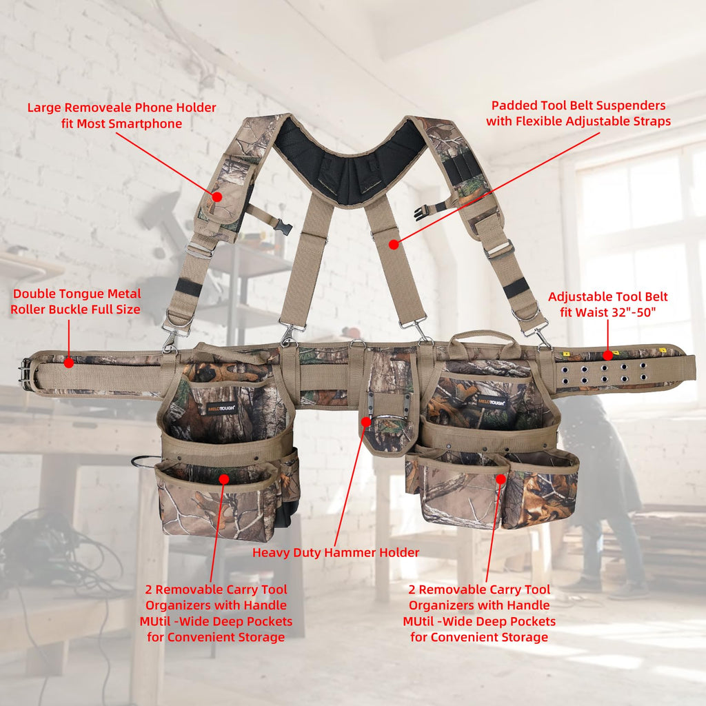 Camo Tool Belt with Suspenders Heavy Duty Carpenter Rig N7941