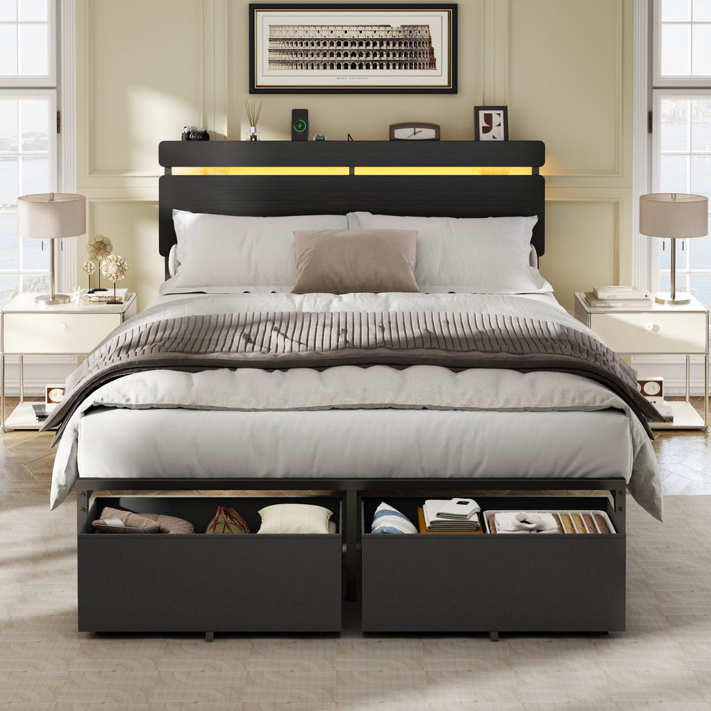 Full Size Bed Frame with Wood Headboard and Storage Drawers A17296