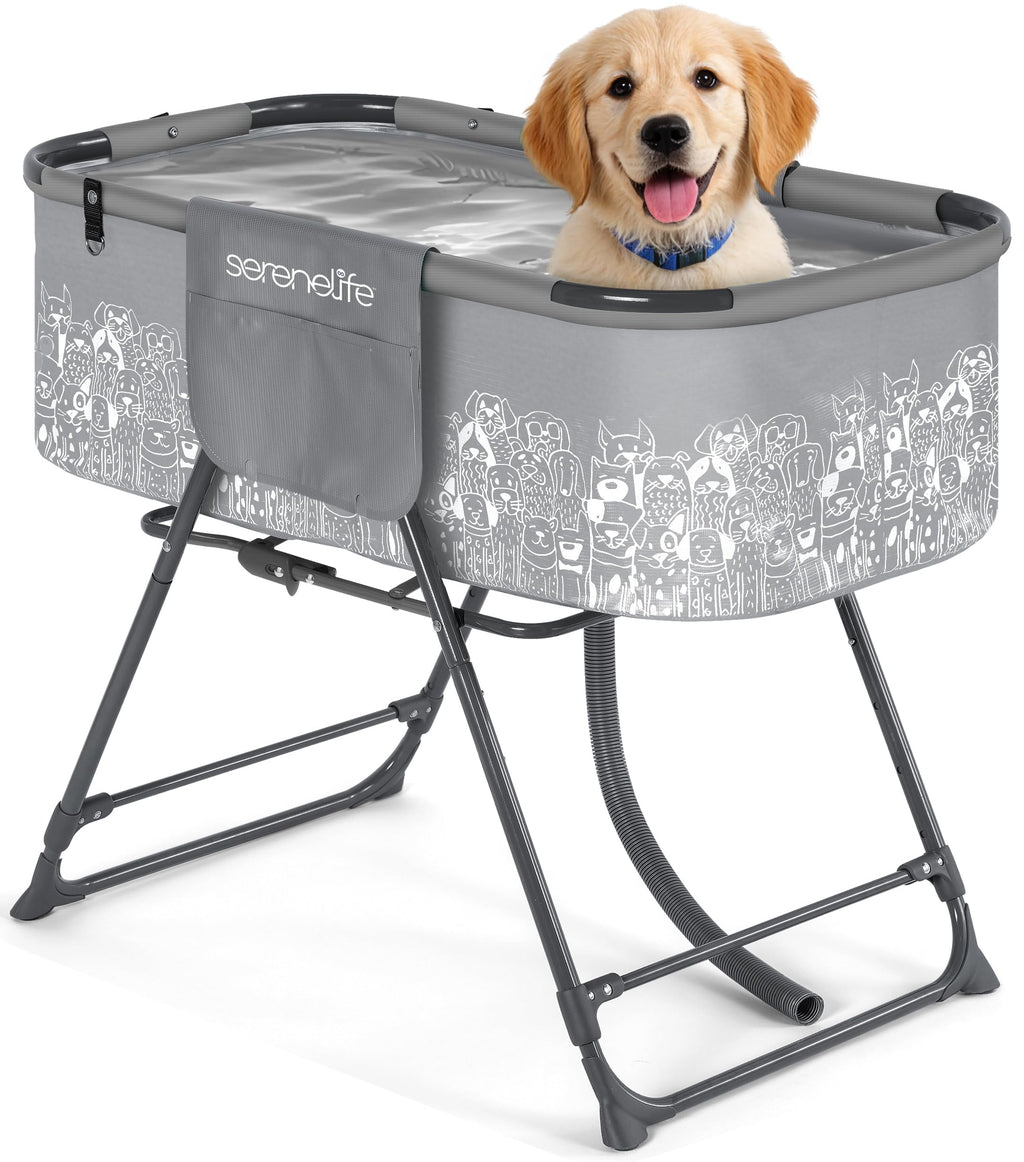 Foldable Dog Bath Tub with Drain Hose, 130 lb Capacity, Gray B3538
