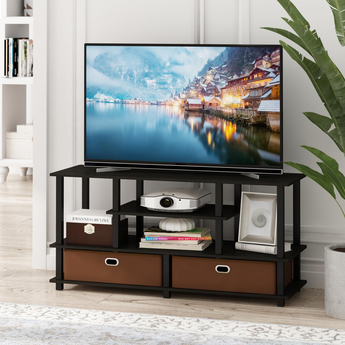 Black Espresso 4-Tier TV Stand with 2 Storage Bins Q445118