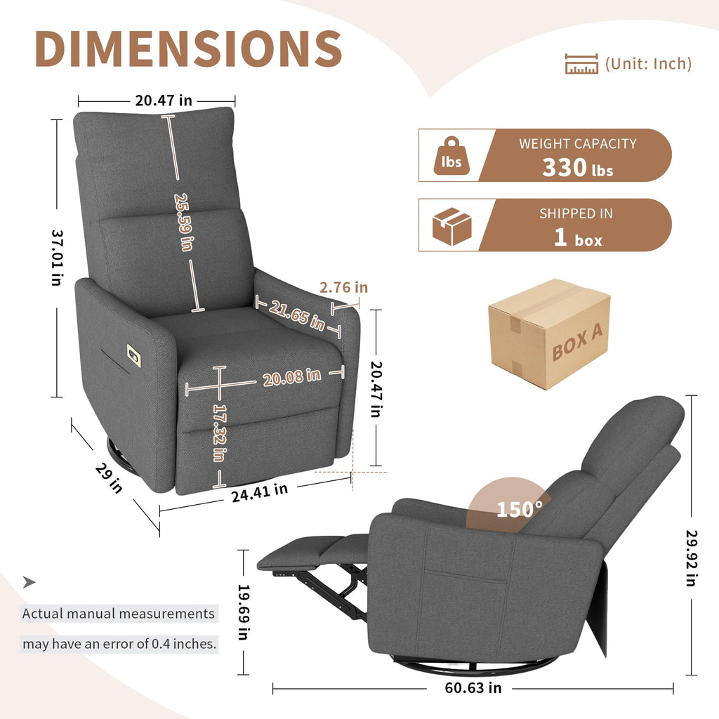 29" Electric Power Swivel Rocking Recliner Chair Dark Gray D69891