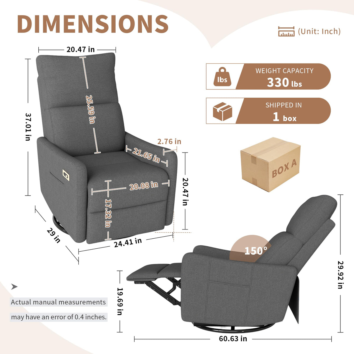 29" Electric Power Swivel Rocking Recliner Chair Dark Gray D69891