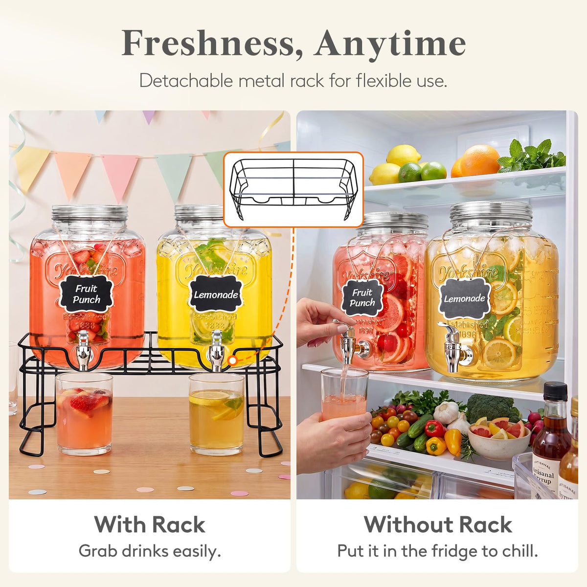 1.6 Gallon Glass Drink Dispenser with Stand & Fruit Infuser 2 Pcs D9935
