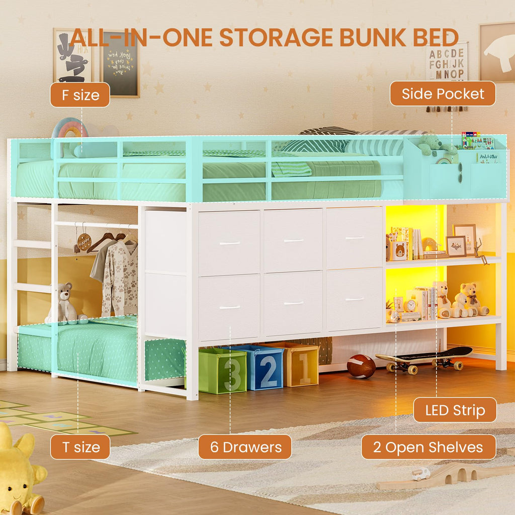 White Full Over Twin Bunk Bed with 6 Drawers and LED Lights C2102