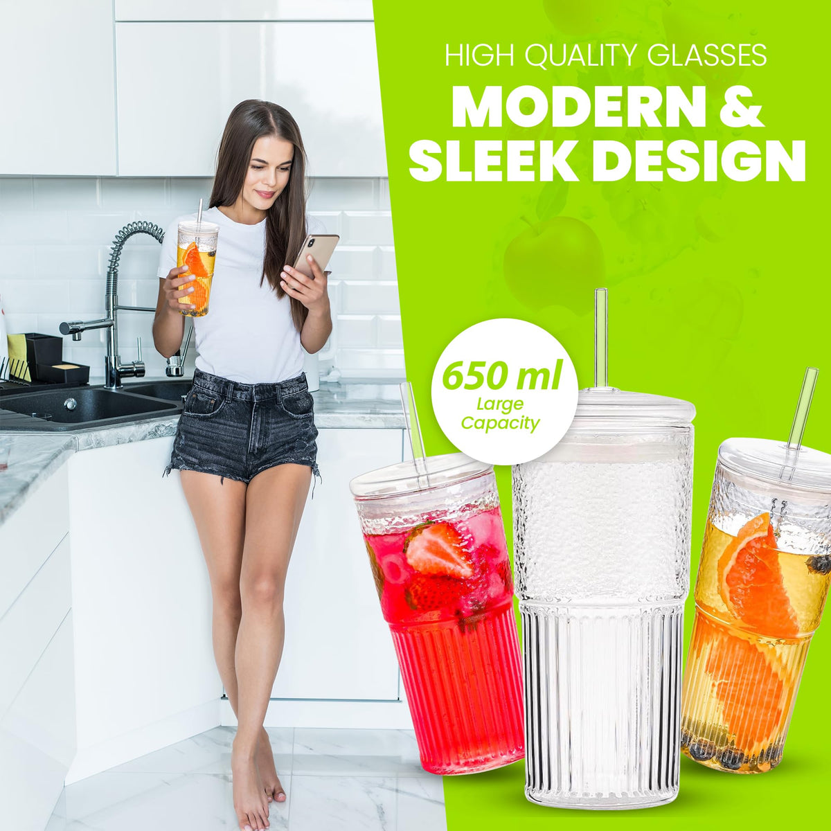 Clear 22 oz Glass Cup with Lid and Straw E6840