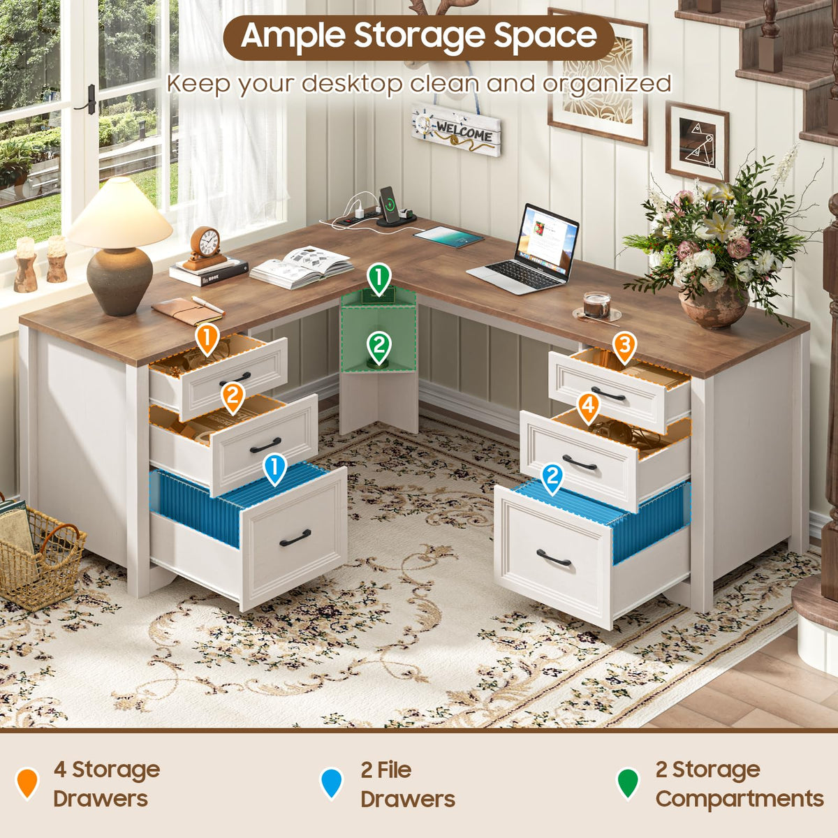 Brown L Shaped Executive Desk with 6 Drawers S943411
