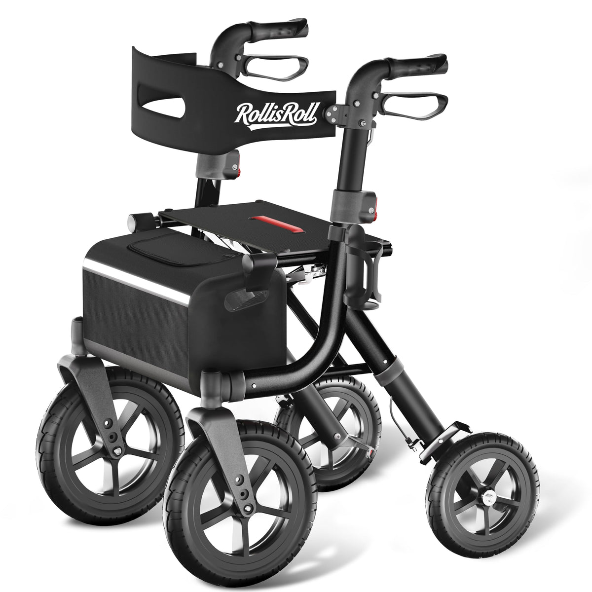 Black Foldable Rollator Walker with Seat, Backrest, 12" Rubber Wheels N176565
