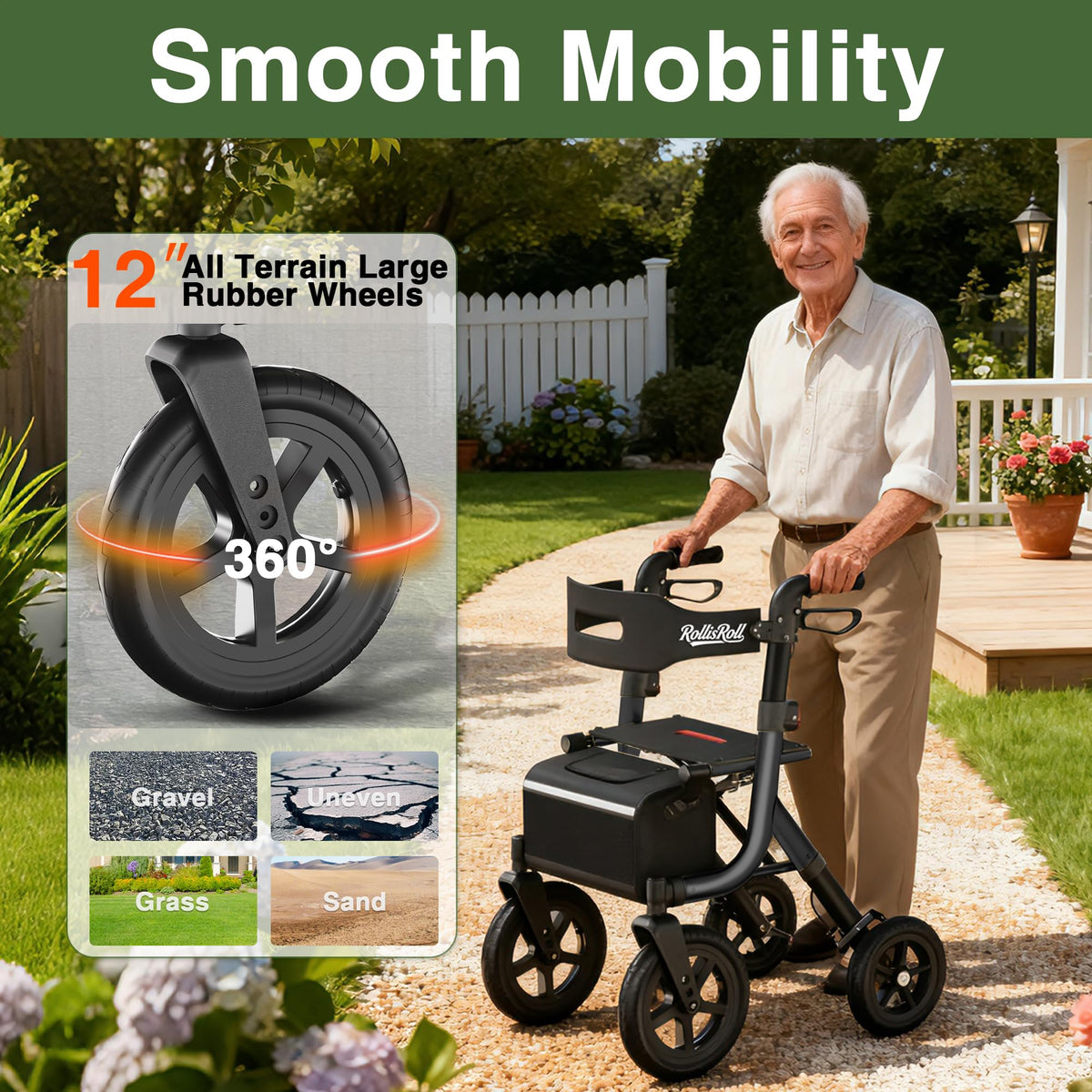 Black Foldable Rollator Walker with Seat, Backrest, 12" Rubber Wheels N176565