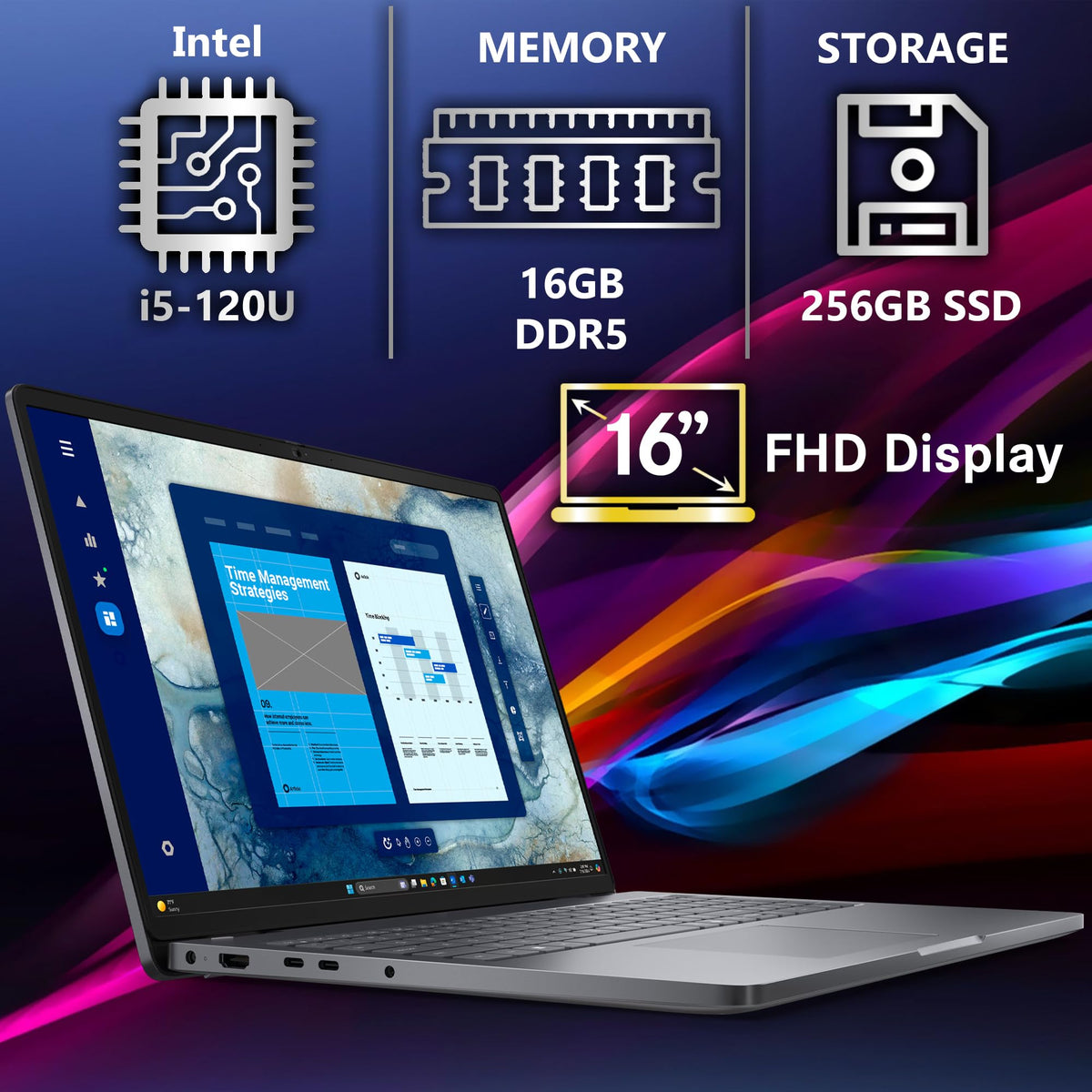 16" FHD+ Business Laptop, Intel 10 Core i5-120U, 16GB DDR5 RAM, 256GB SSD H3889