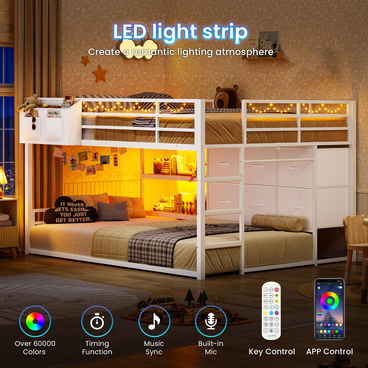White Full Over Twin Bunk Bed with 6 Drawers and LED Lights C2102
