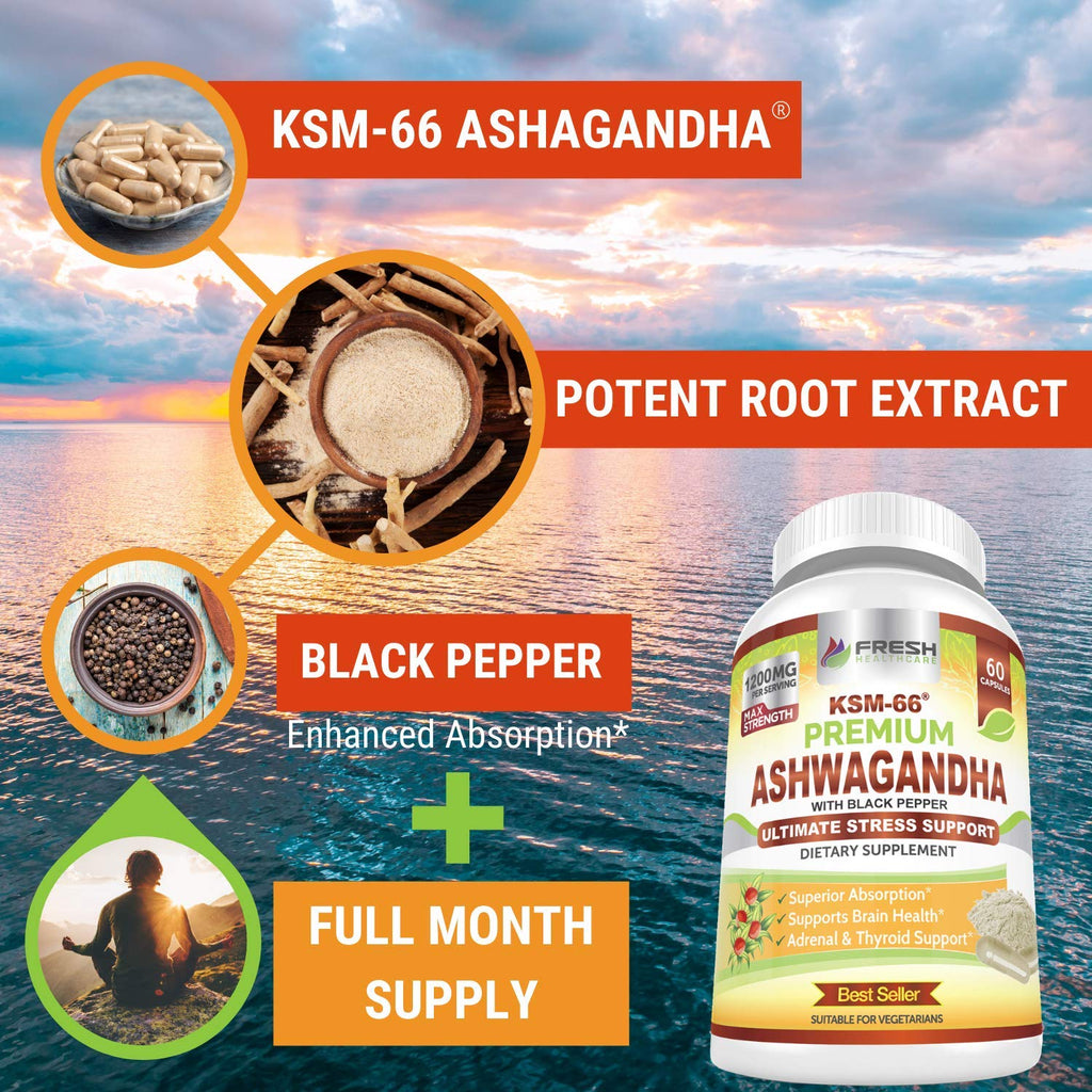 Ashwagandha Capsules 1200mg Root Extract with Black Pepper 60 Vegan Capsules Q706