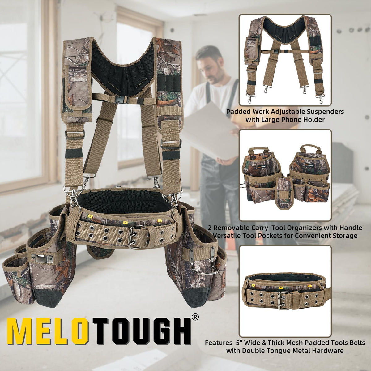 Camo Tool Belt with Suspenders Heavy Duty Carpenter Rig N7941