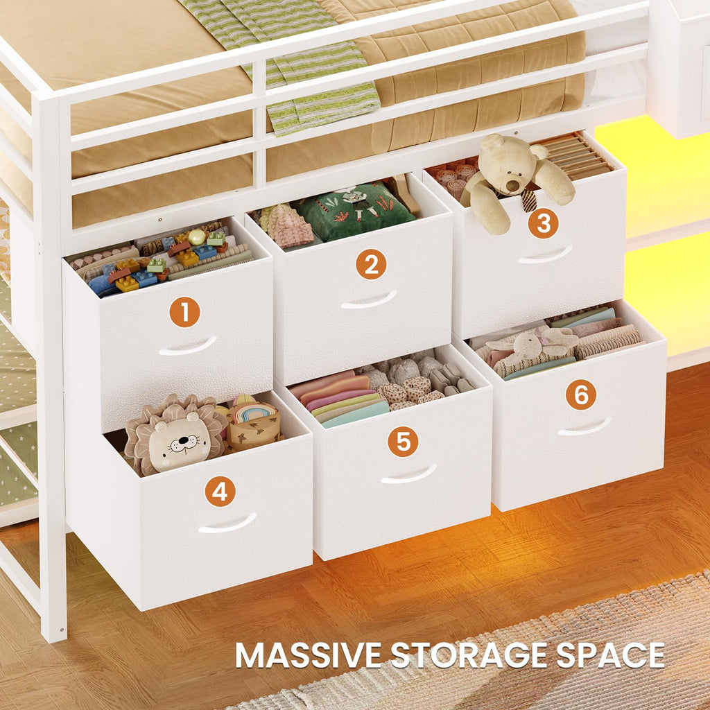White Full Over Twin Bunk Bed with 6 Drawers and LED Lights C2102