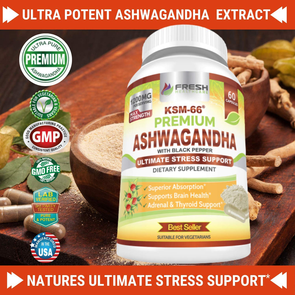 Ashwagandha Capsules 1200mg Root Extract with Black Pepper 60 Vegan Capsules Q706