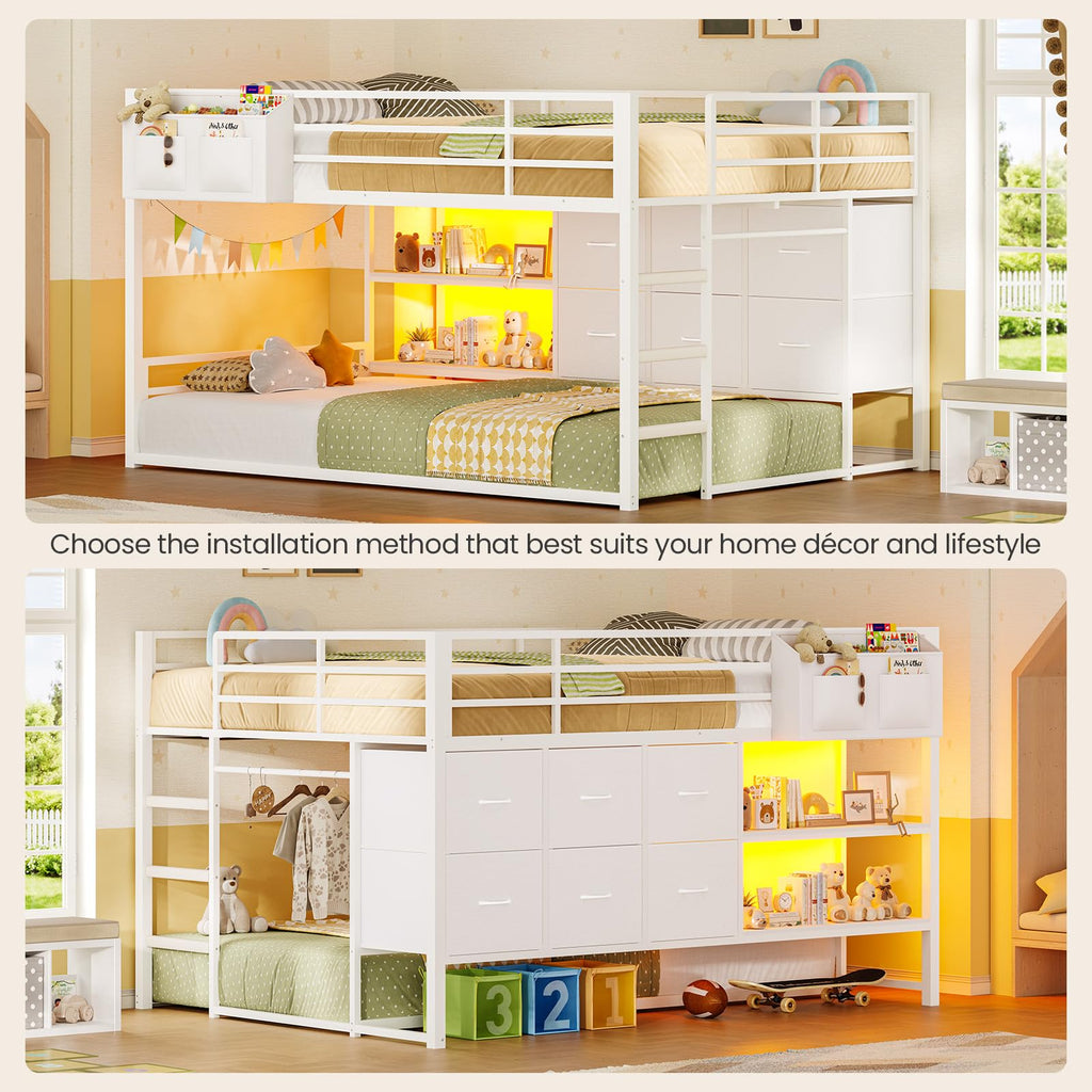 White Full Over Twin Bunk Bed with 6 Drawers and LED Lights C2102
