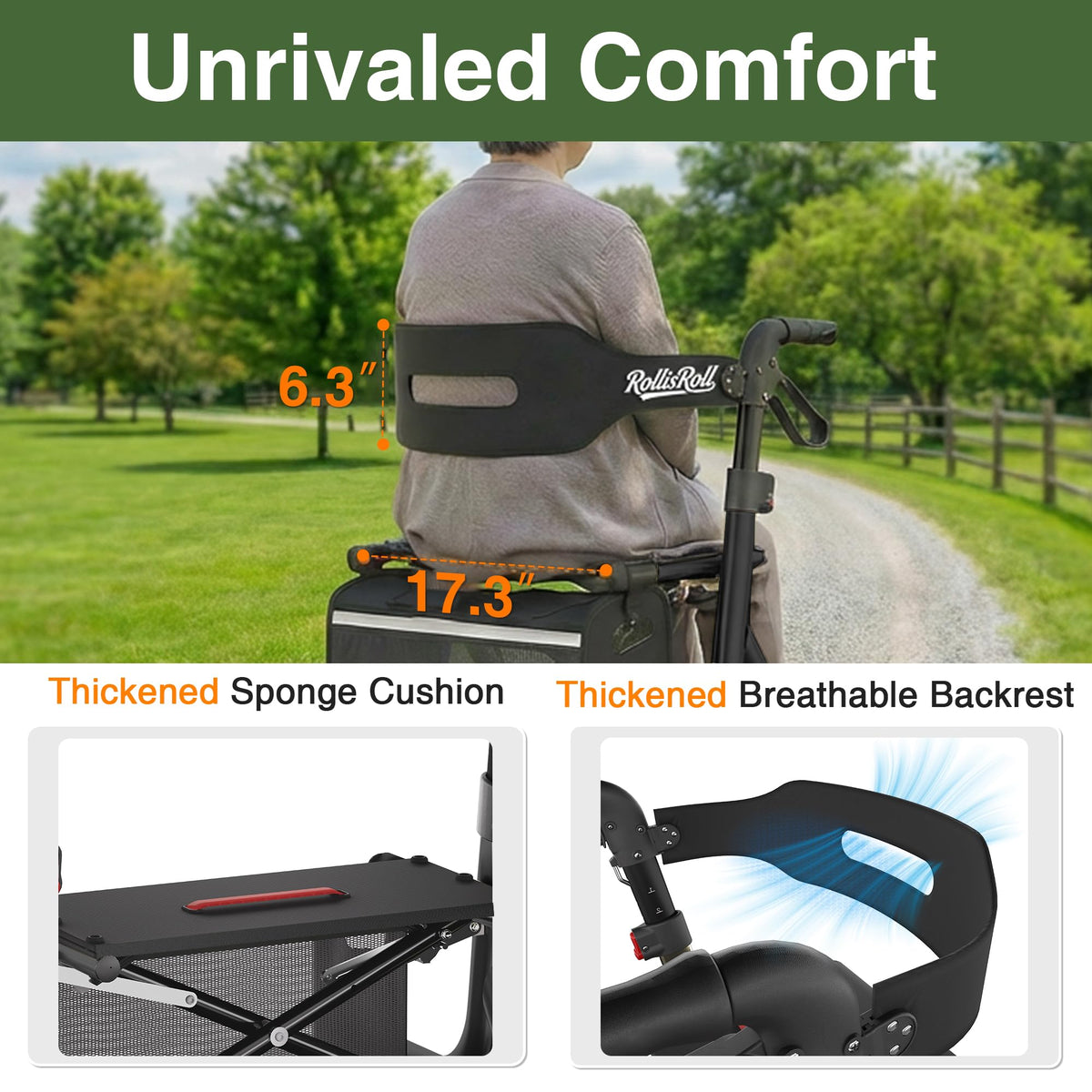 Black Foldable Rollator Walker with Seat, Backrest, 12" Rubber Wheels N176565