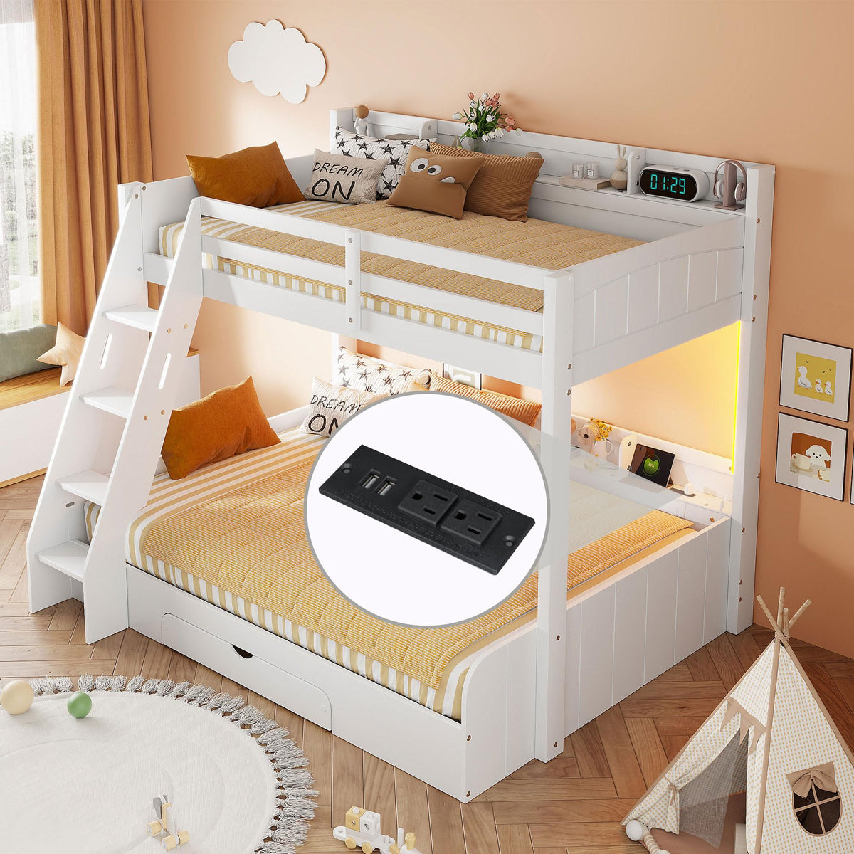 Twin Over Full Bunk Bed with Storage Shelves Q1694