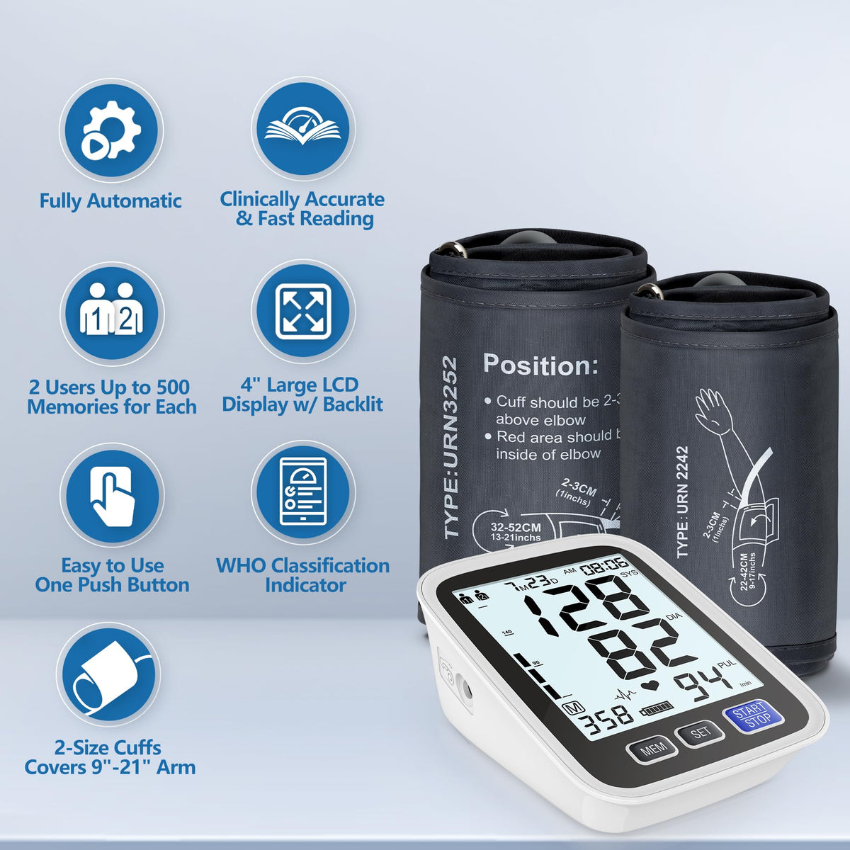 Upper Arm Blood Pressure Machine with 2 Size Cuffs and Backlit LCD Z1272