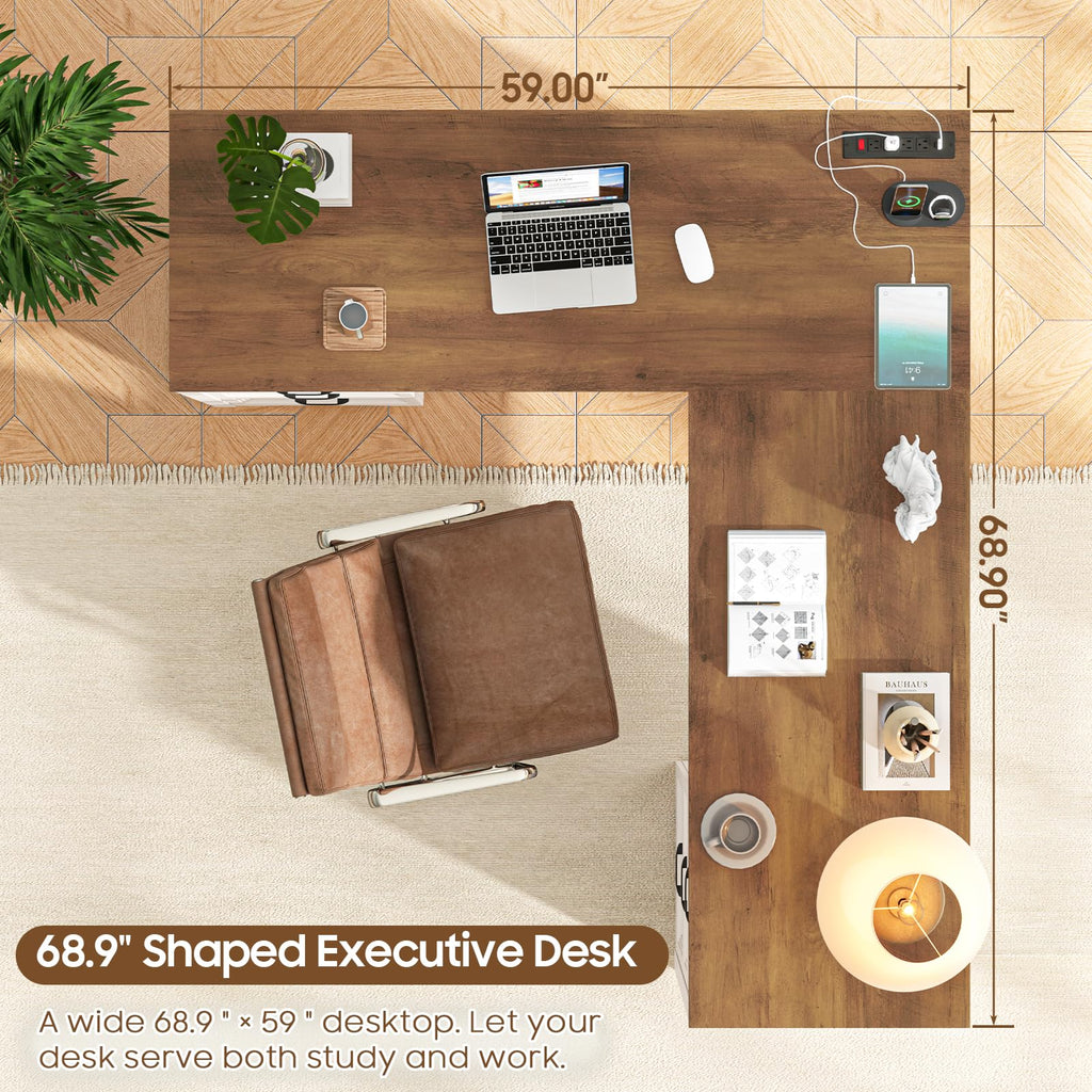Brown L Shaped Executive Desk with 6 Drawers S943411