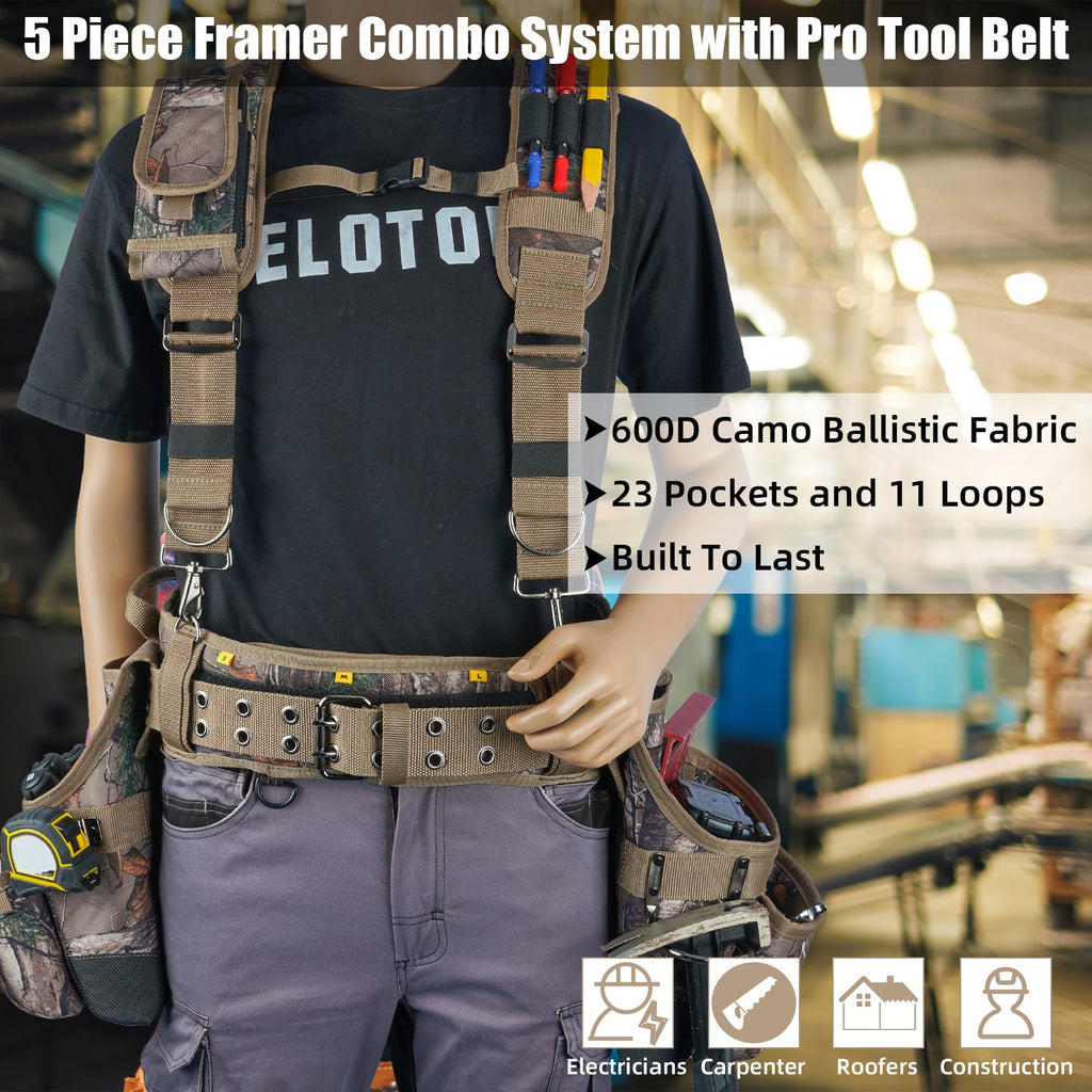 Camo Tool Belt with Suspenders Heavy Duty Carpenter Rig N7941