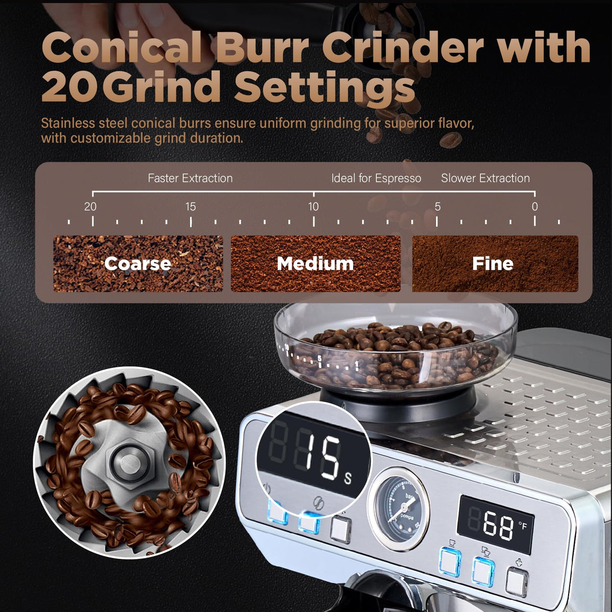 Espresso Machine with Grinder 20 Bar 68oz Water Tank M8317