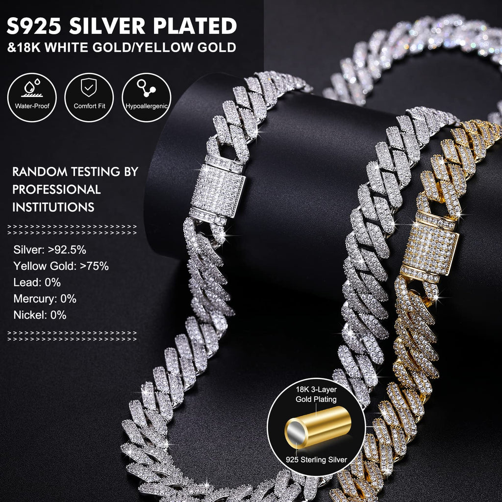 Moissanite Cuban Link Chain Necklace 18k Gold Plated 925 Sterling Silver B874205