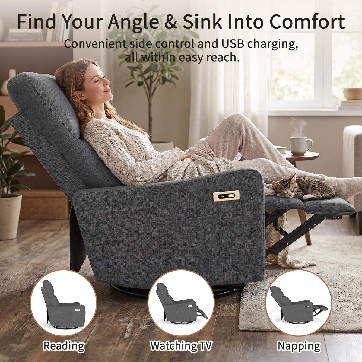 29" Electric Power Swivel Rocking Recliner Chair Dark Gray D69891