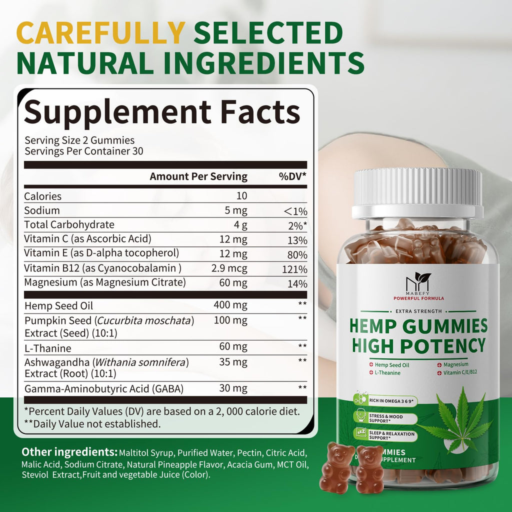 2 Pack Hemp Gummies with Magnesium, Vitamins, Pumpkin Seed, Ashwagandha, GABA, L-Theanine, Pineapple Flavor, 120 Bears, Vegan L816901