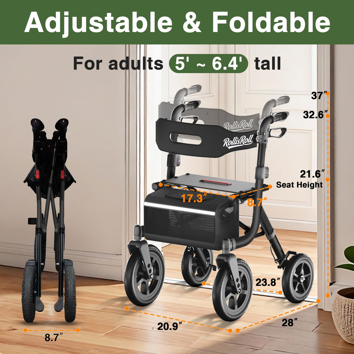 Black Foldable Rollator Walker with Seat, Backrest, 12" Rubber Wheels N176565