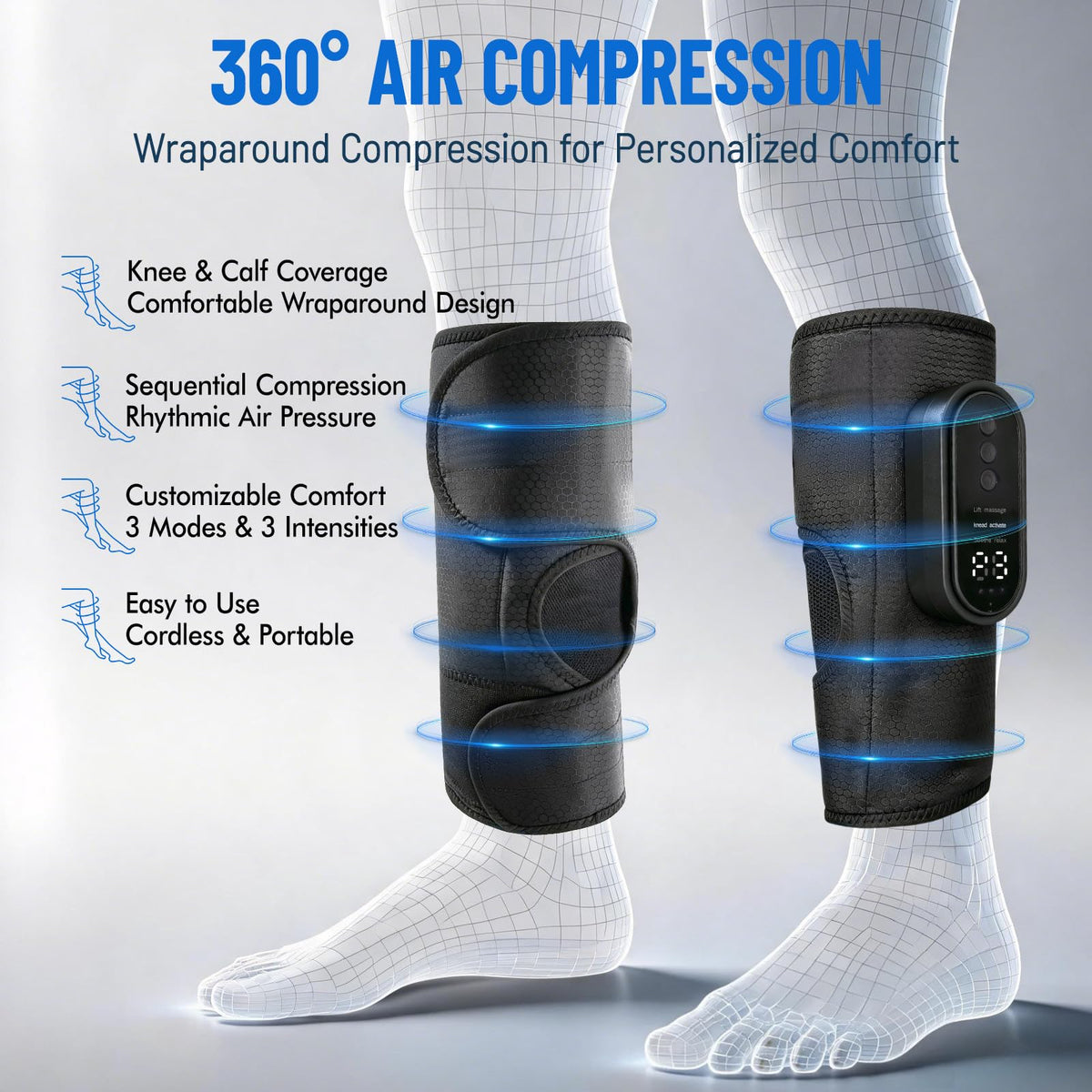 Cordless Air Compression Leg Massager with Heat, 2 Pack (Black) Y366430