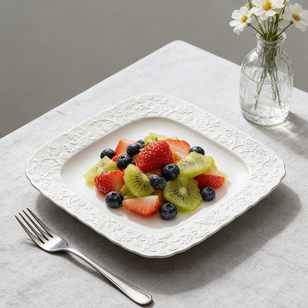 Ceramic Square Dinner Plates Set of 4, 10 & 12 Inch Embossed Salad Plates U7394