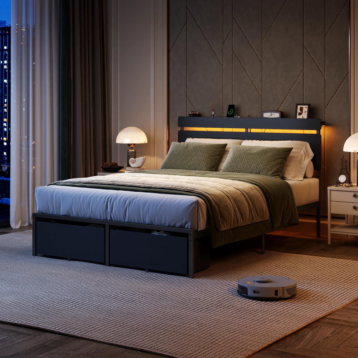 Full Size Bed Frame with Wood Headboard and Storage Drawers A17296