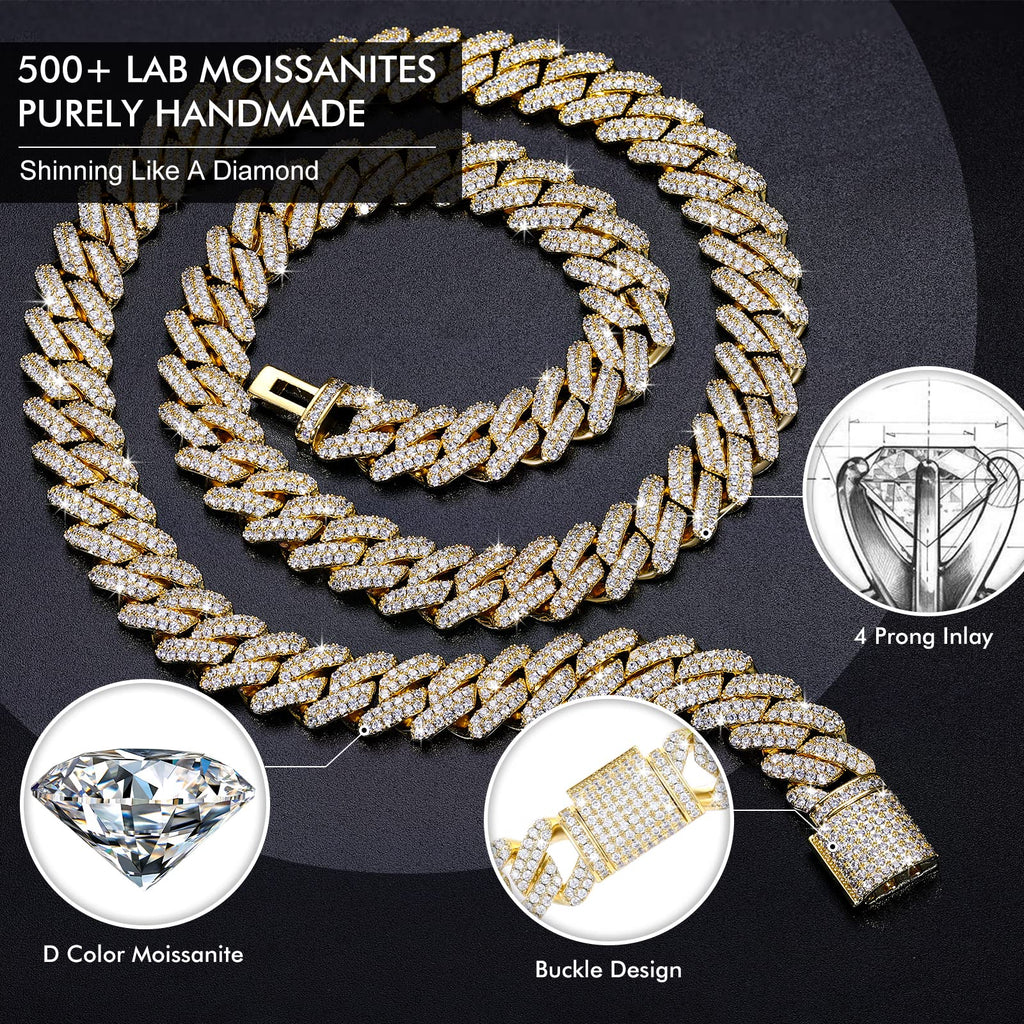 Moissanite Cuban Link Chain Necklace 18k Gold Plated 925 Sterling Silver B874205
