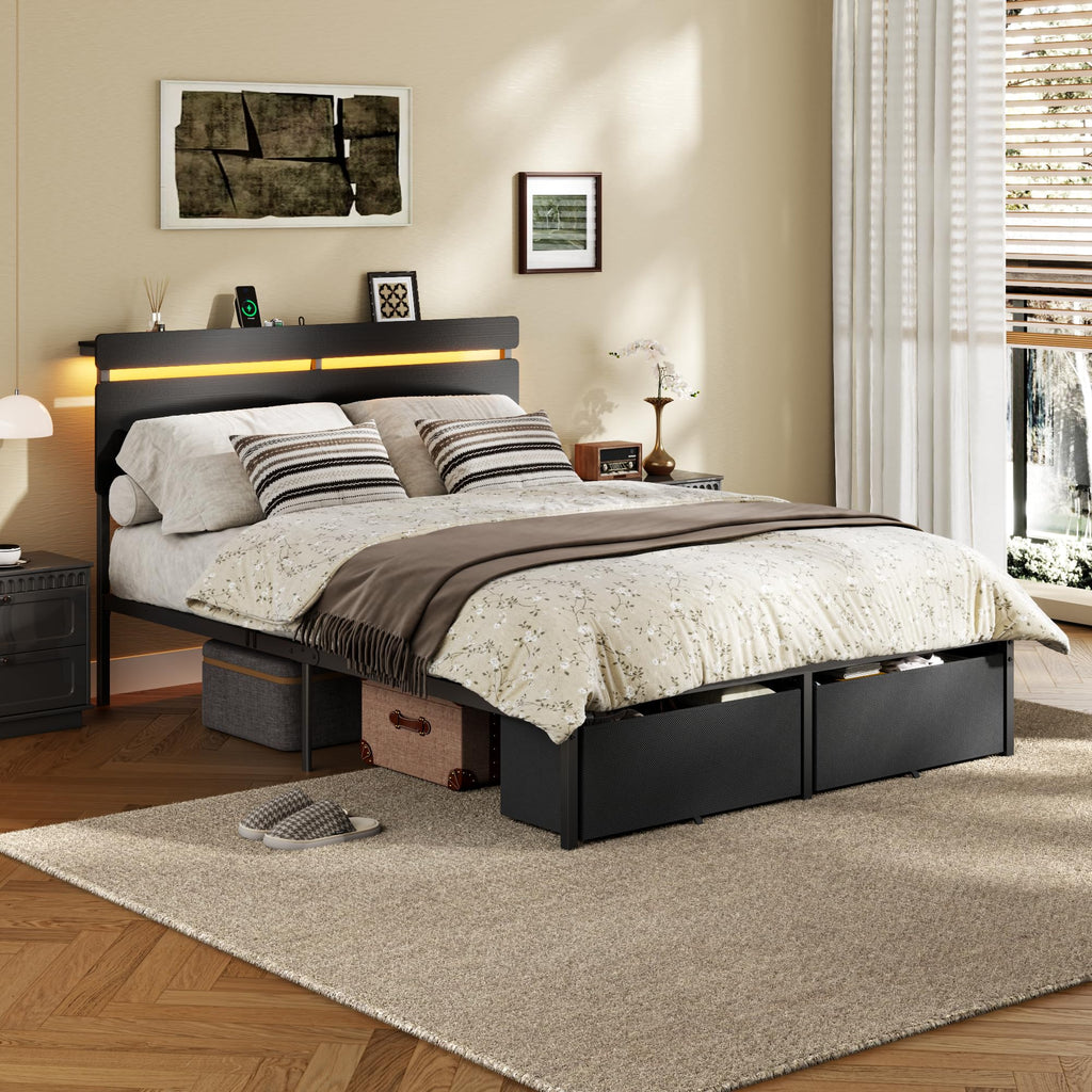 Full Size Bed Frame with Wood Headboard and Storage Drawers A17296