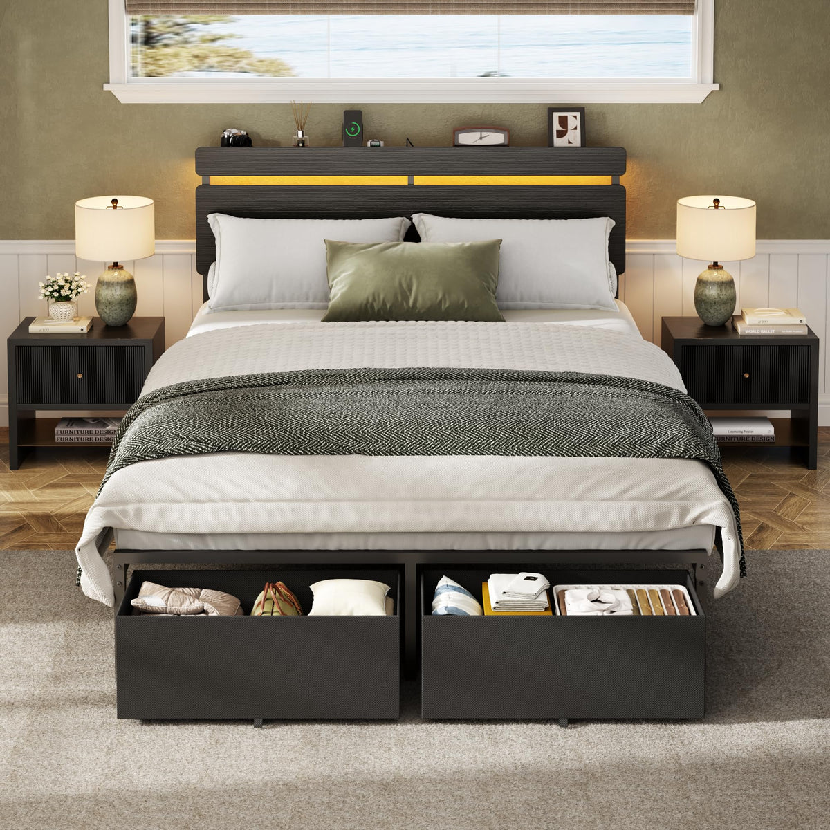Full Size Bed Frame with Wood Headboard and Storage Drawers A17296