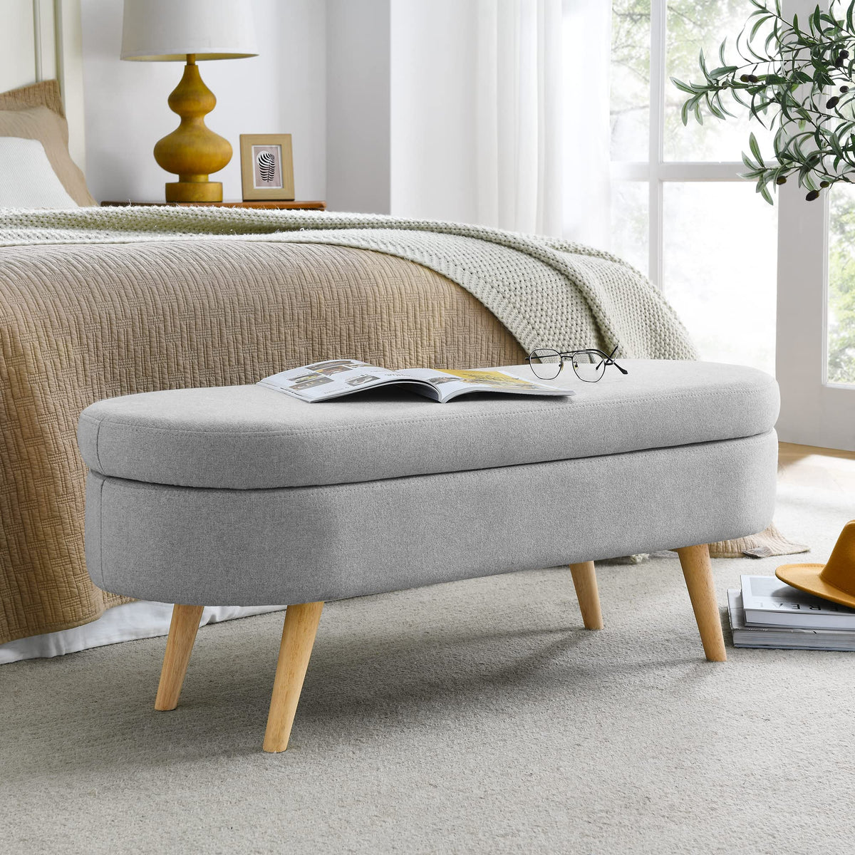 Oval Storage Bench with Linen Fabric and Rubber Wood Legs Grey U9334